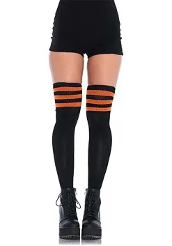LEG AVENUE Women's Thigh High Black Athletic Socks W/ Orange Stripes
